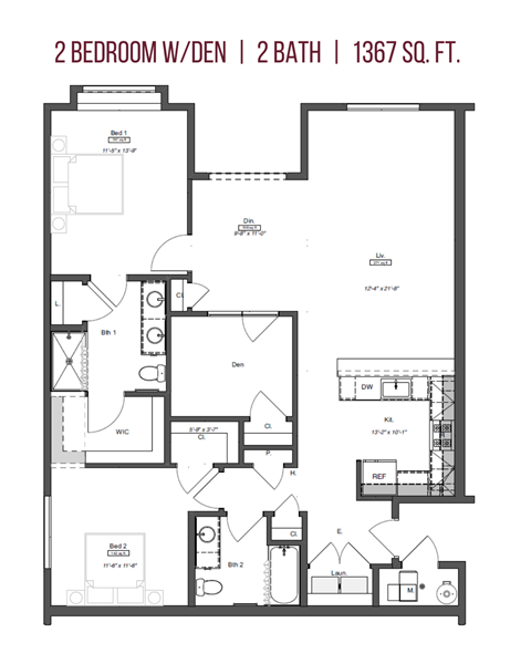 Floor plan for 2 beds, 2 baths, 1367 sqft